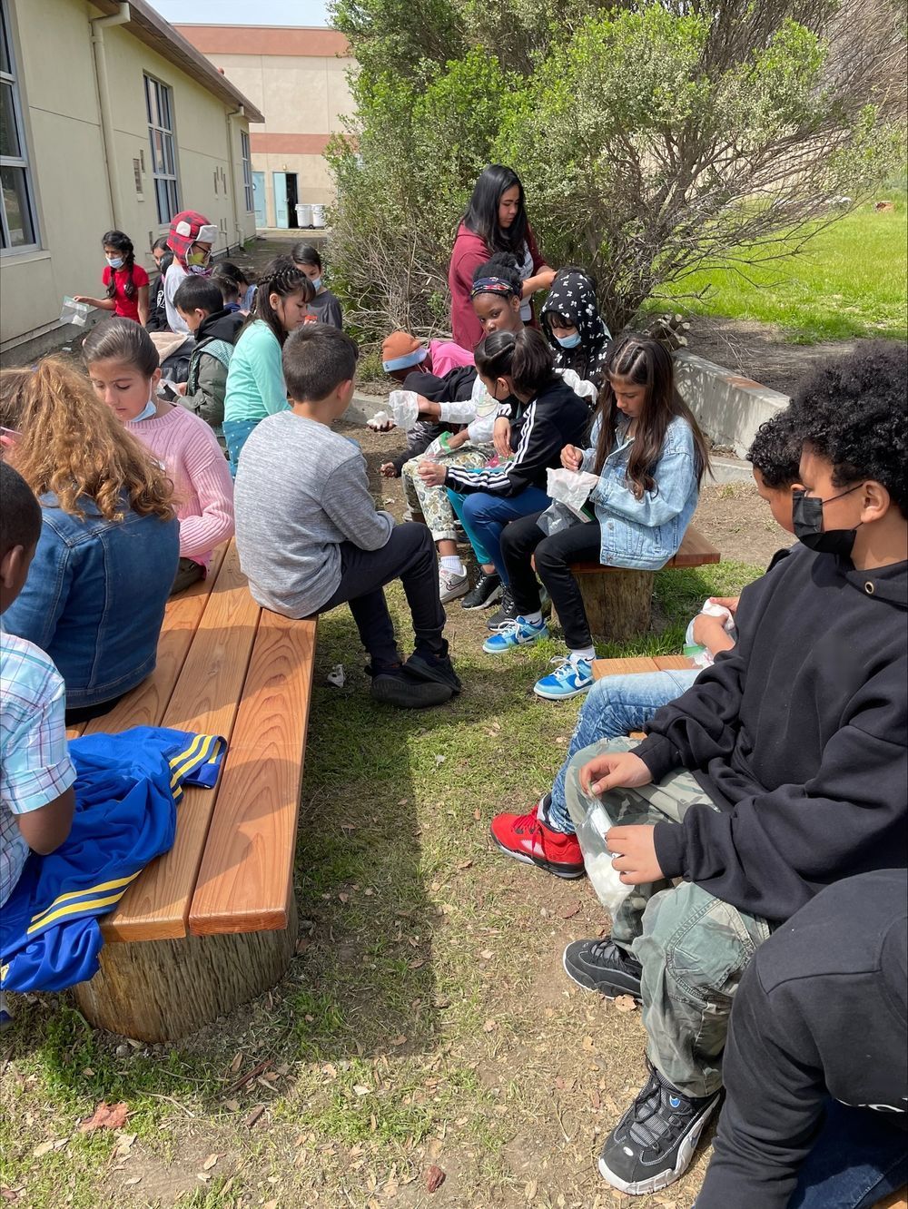 Students sit on log benches beside a school building during an outdoor lesson, some holding small plastic bags.