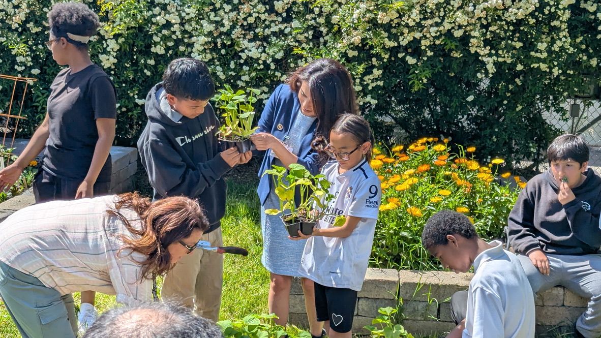 Senator Sasha Renée Pérez in a school garden