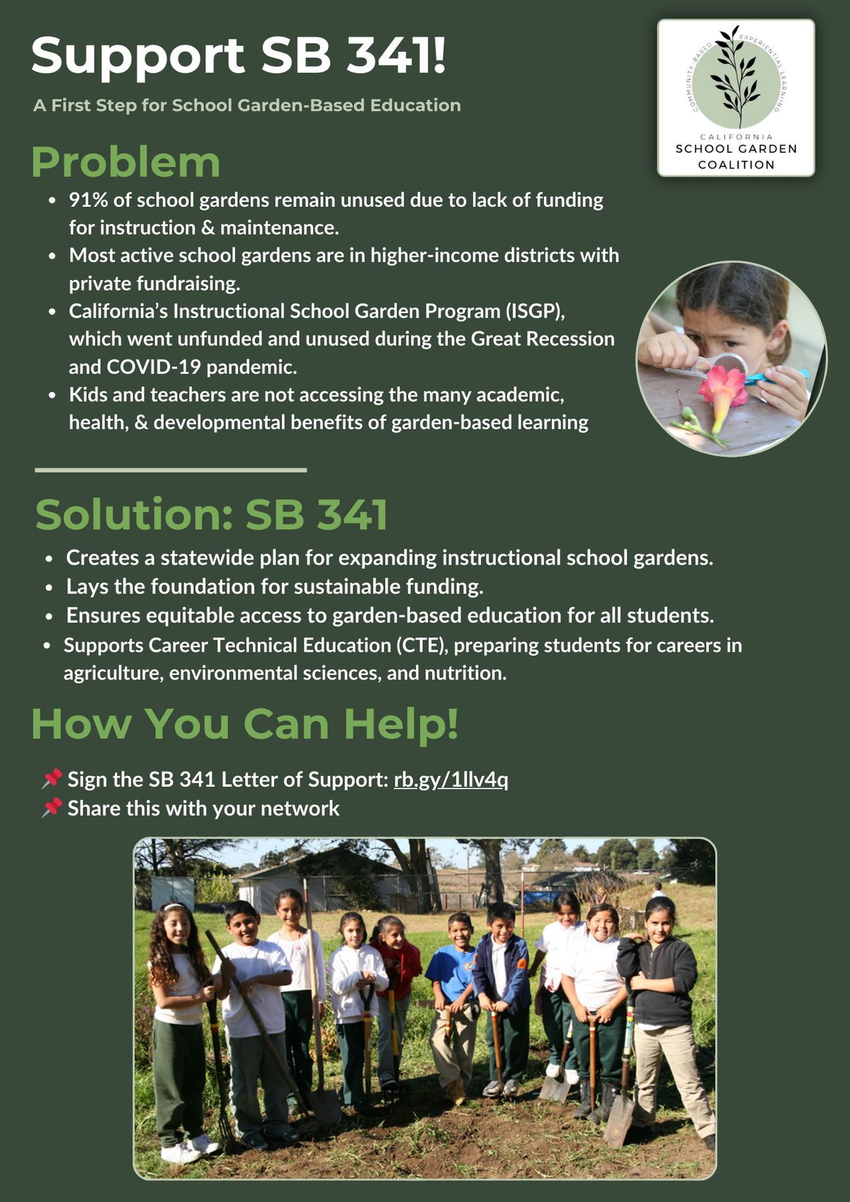 One-pager: Support SB 341, a first step for school garden-based education. It sets out the problem, how SB 341 answers it, and how to help: sign the letter of support and share it.