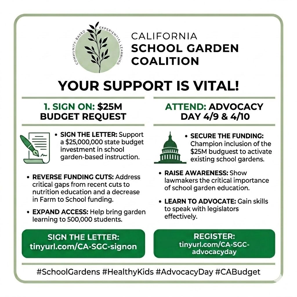 Flyer: Your support is vital. Sign on to the $25 million school garden budget request, and attend Advocacy Day on April 9 and 10.